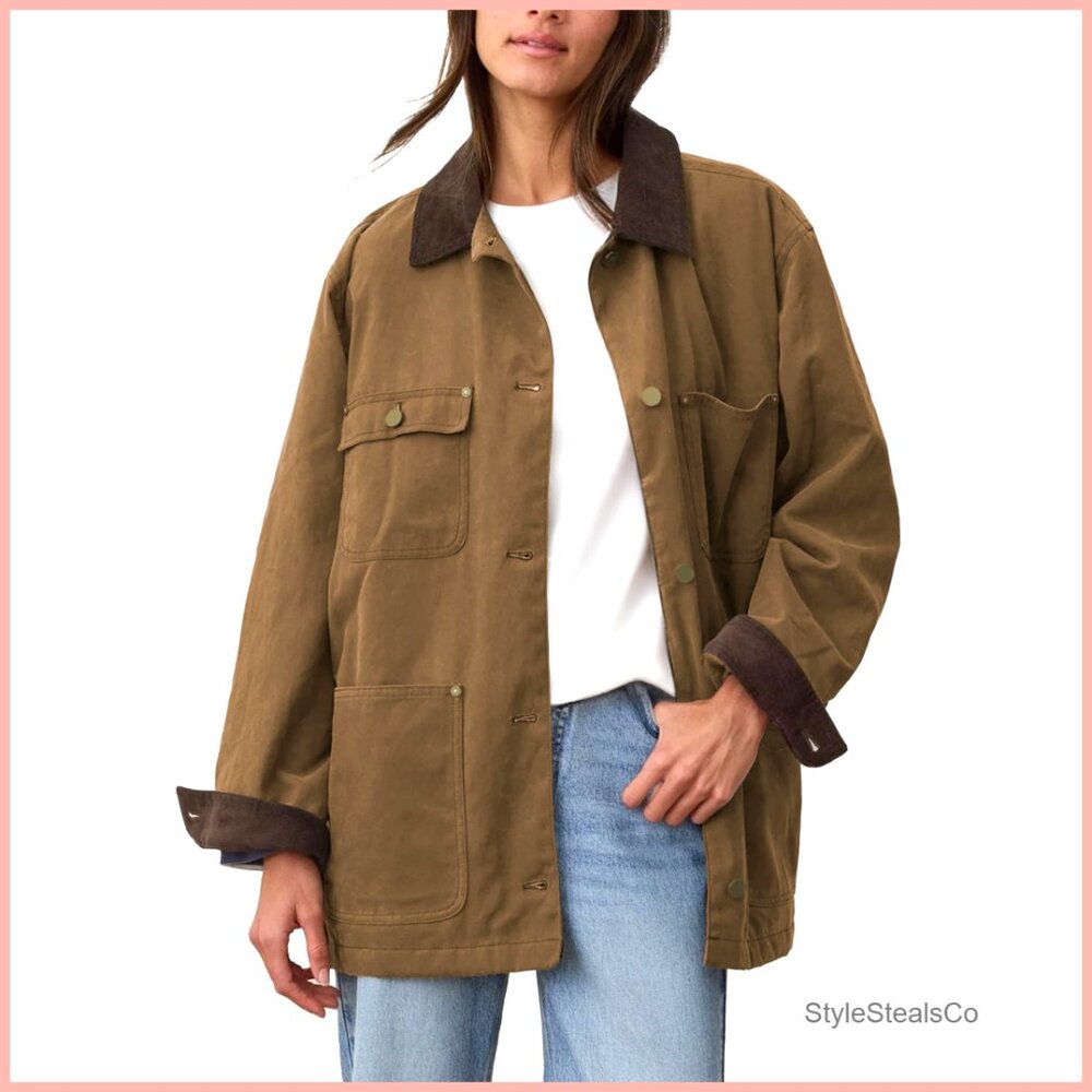 Oversized Cotton Barn Jacket with Corduroy Collar and Pockets - Picture 1 of 7